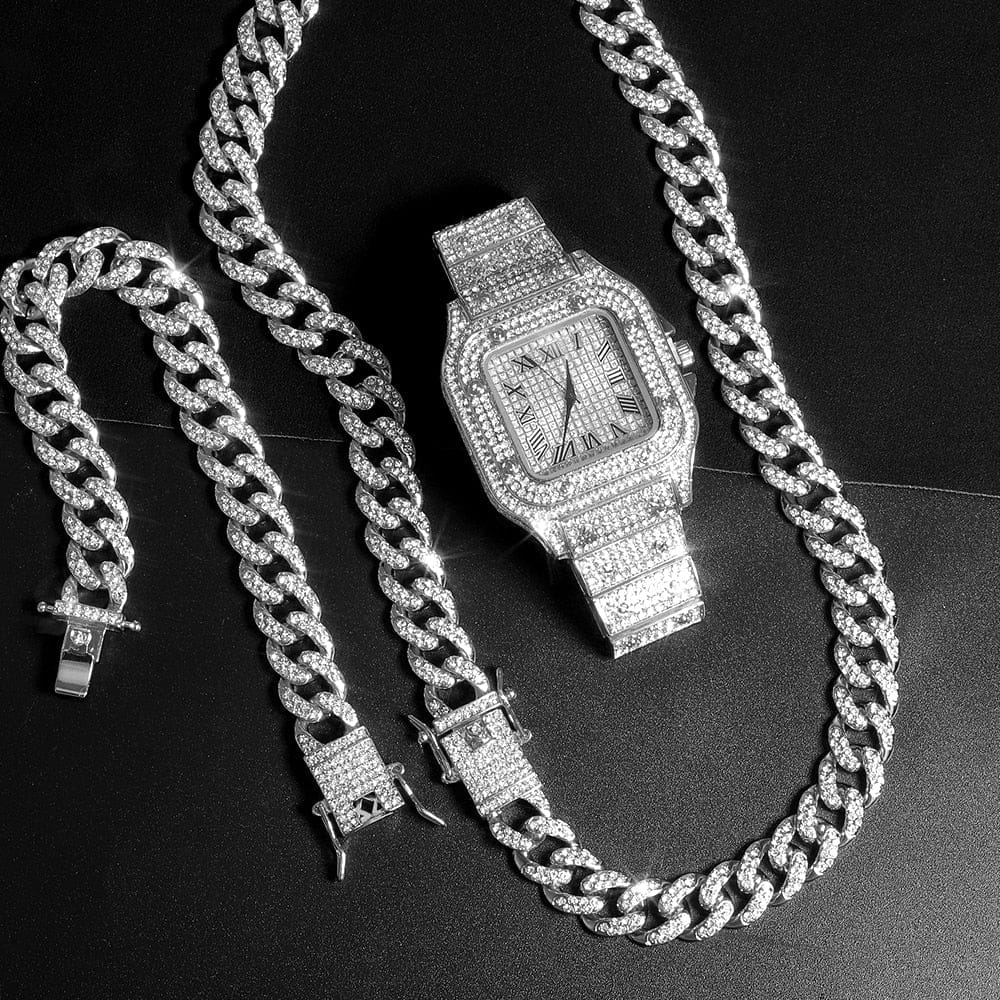 VVS Jewelry hip hop jewelry Iced out Cuban Chain & Cuban Bracelet Bundle + FREE Square Roman Watch