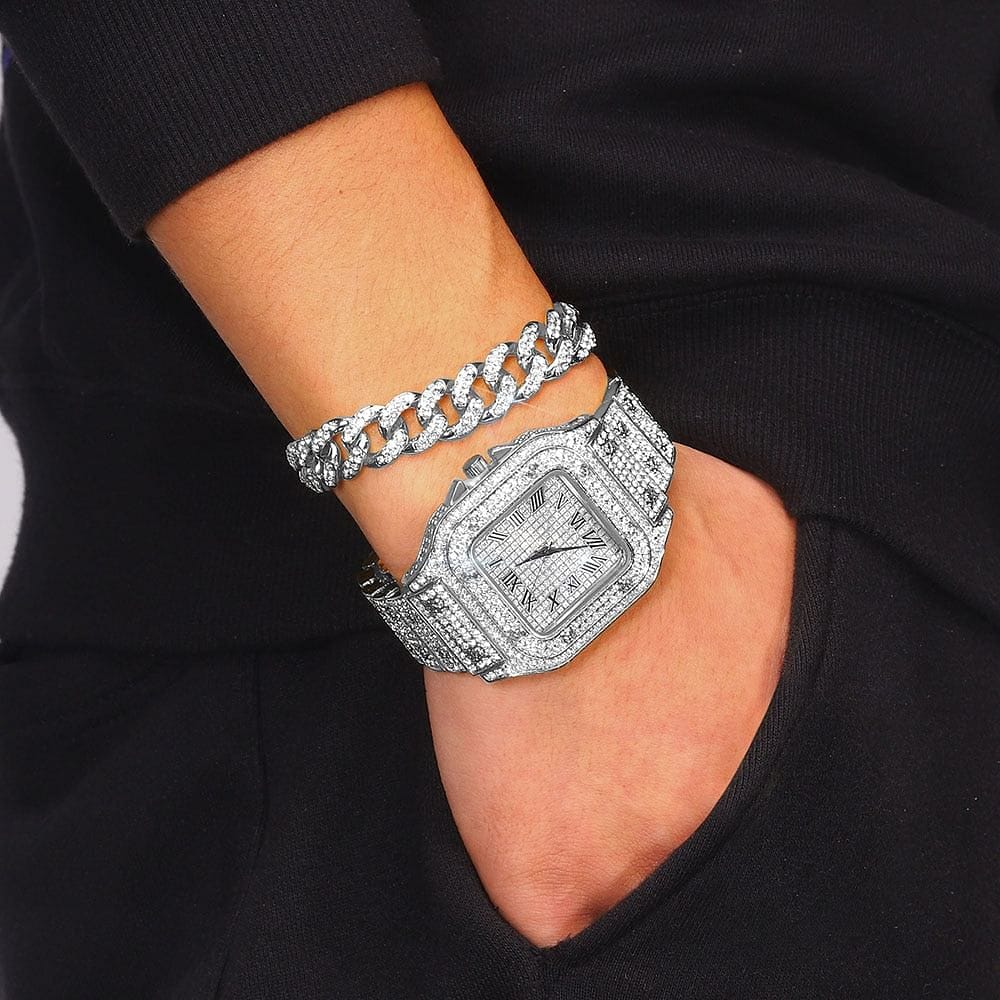 VVS Jewelry hip hop jewelry Iced out Cuban Chain & Cuban Bracelet Bundle + FREE Square Roman Watch