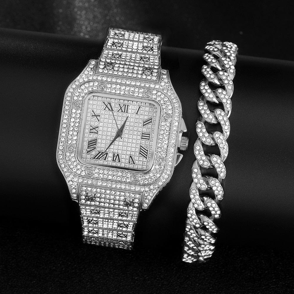 VVS Jewelry hip hop jewelry Iced out Cuban Chain & Cuban Bracelet Bundle + FREE Square Roman Watch