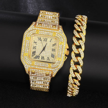 VVS Jewelry hip hop jewelry Iced out Cuban Chain & Cuban Bracelet Bundle + FREE Square Roman Watch