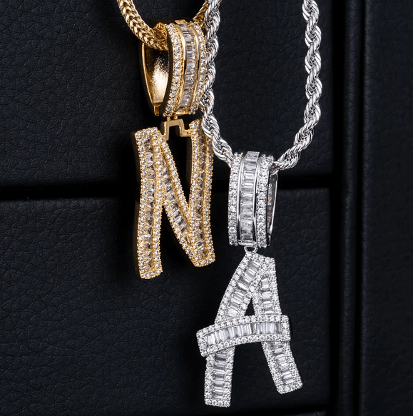 VVS Jewelry hip hop jewelry Initial Iced out Baguette Letter Pendant + FREE Chain