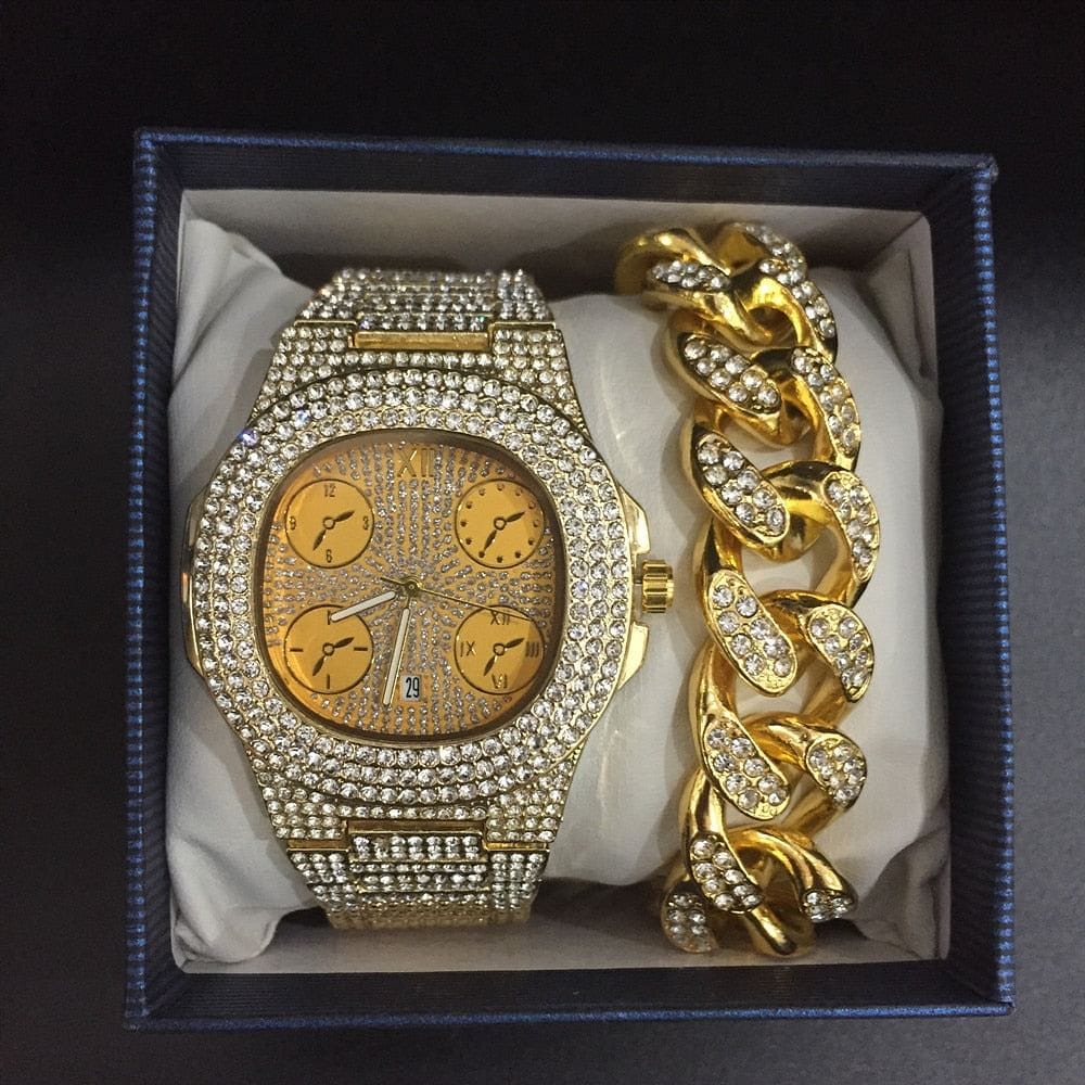 VVS Jewelry hip hop jewelry Luxury Cuban Chain + Bracelet + Ring + Watch Set