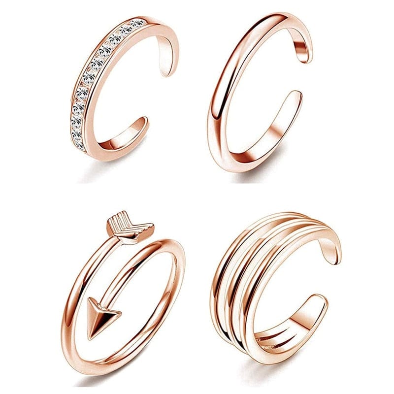 VVS Jewelry hip hop jewelry Rose Gold 4pc Stacking Crystal Toe Ring Set