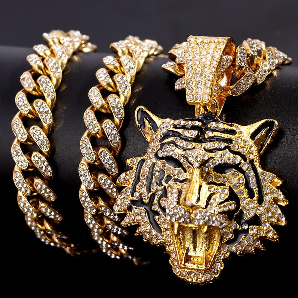 VVS Jewelry hip hop jewelry Tiger Iced Out Cuban Chain / Silver / 16inch Bling Tiger Pendant Cuban Chain Necklace